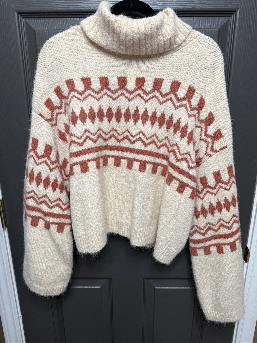fab'rik Cream Turtleneck Sweater with Rust Geometric Motif